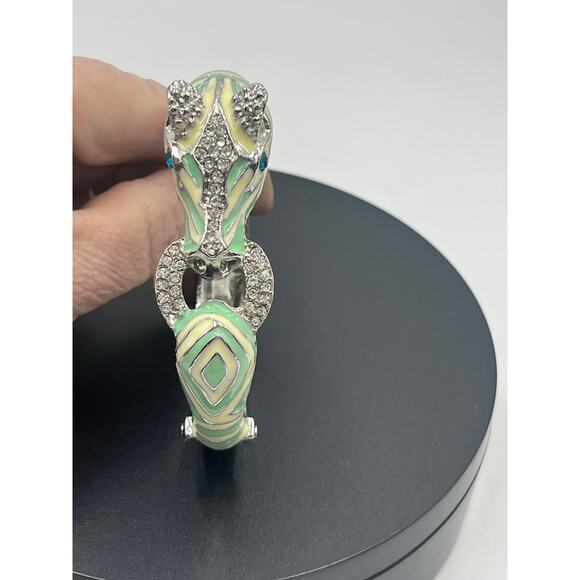 Mint and Cream Zebra with Stripes Hinged Rhinestone Blue Eyes Bangle Bracelet - Picture 12 of 12